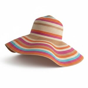 Island Beach Packable Wide Brim Sun Hat Multi Stripe Resort Wear Vacation O/S
